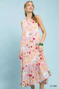 Pink Umgee abstract print tiered halter midi dress, featuring a flowy silhouette and stylish design for casual or semi-formal wear.