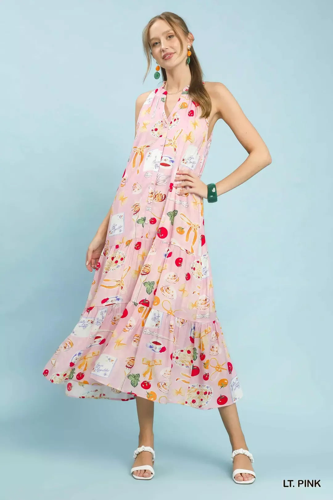 Pink Umgee abstract print tiered halter midi dress with a flowy silhouette and stylish halter neckline.