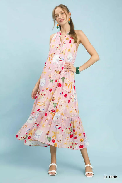 Pink Umgee abstract print tiered halter midi dress with a flowy silhouette and stylish halter neckline.