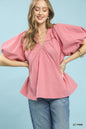 Pink Umgee lace inset puff sleeve boho blouse with ruffled details and flowy fit, perfect for casual or bohemian style.