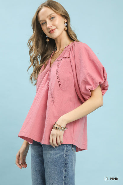 Trendsi Umgee pink lace inset puff sleeve boho blouse with ruffled details and relaxed fit, perfect for casual and bohemian styles.