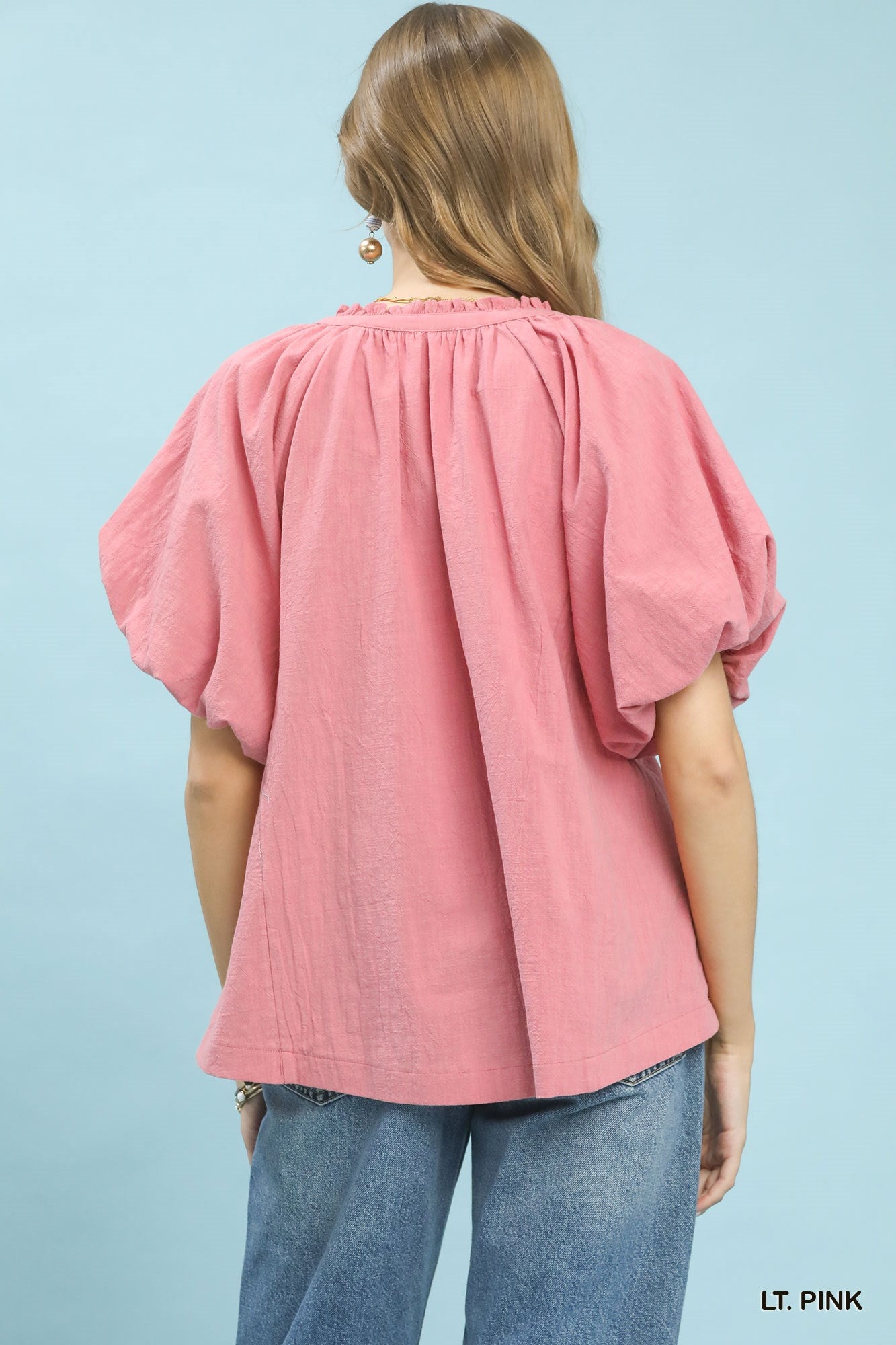 Pink Umgee boho blouse with lace inset and puff sleeves, featuring a relaxed fit and trendy bohemian style.