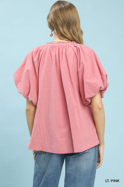 Pink Umgee boho blouse with lace inset and puff sleeves, featuring a relaxed fit and trendy bohemian style.