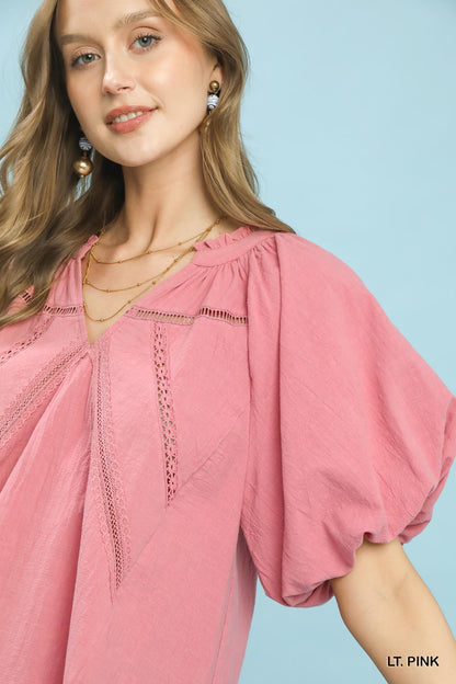 Pink Umgee lace inset puff sleeve boho blouse with ruffled details and relaxed fit, perfect for casual or bohemian styles.