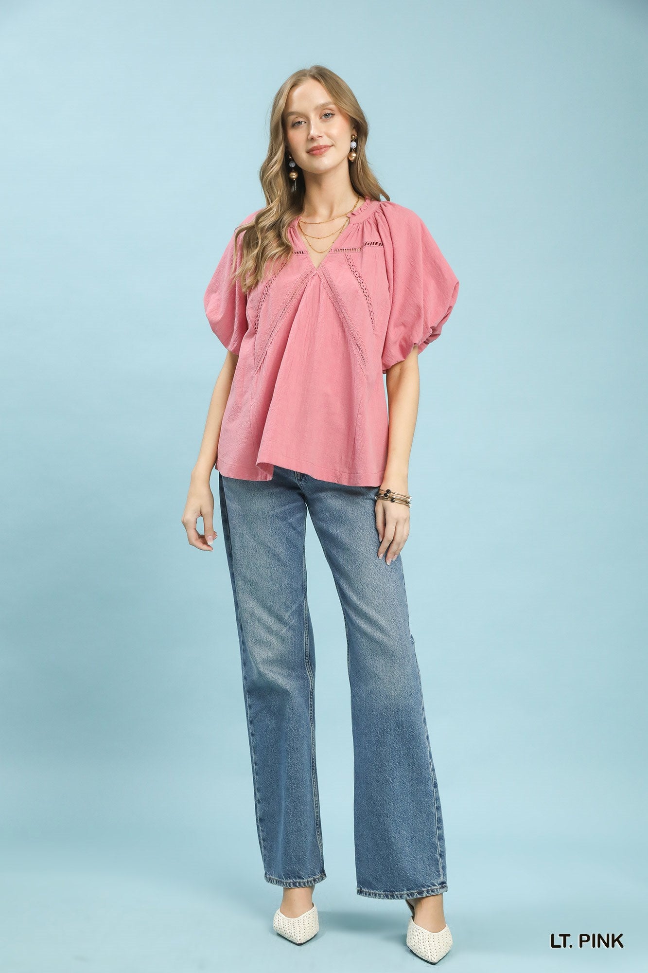 Pink Umgee lace inset puff sleeve boho blouse with feminine details and relaxed fit, perfect for casual and bohemian styles.