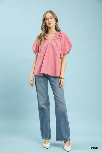 Pink Umgee lace inset puff sleeve boho blouse with feminine details and relaxed fit, perfect for casual and bohemian styles.