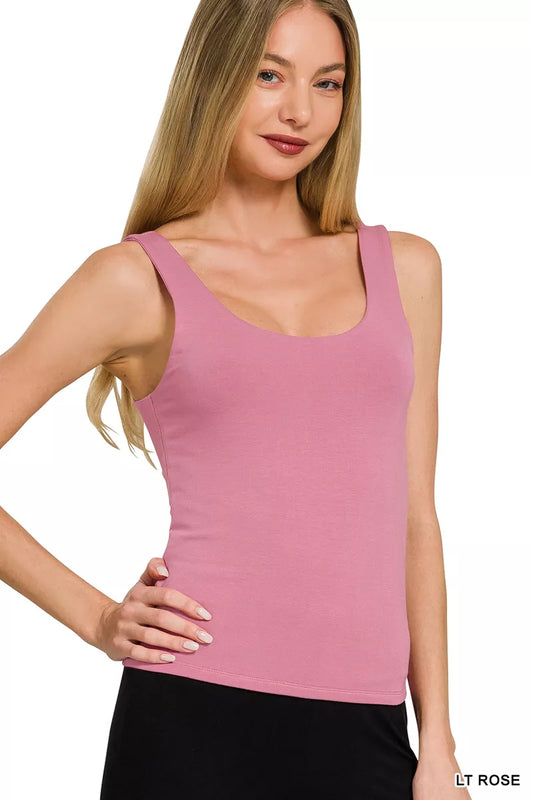 Pink Zenana double-layered double scoop tank top with sleeveless design, featuring a stylish, layered look.