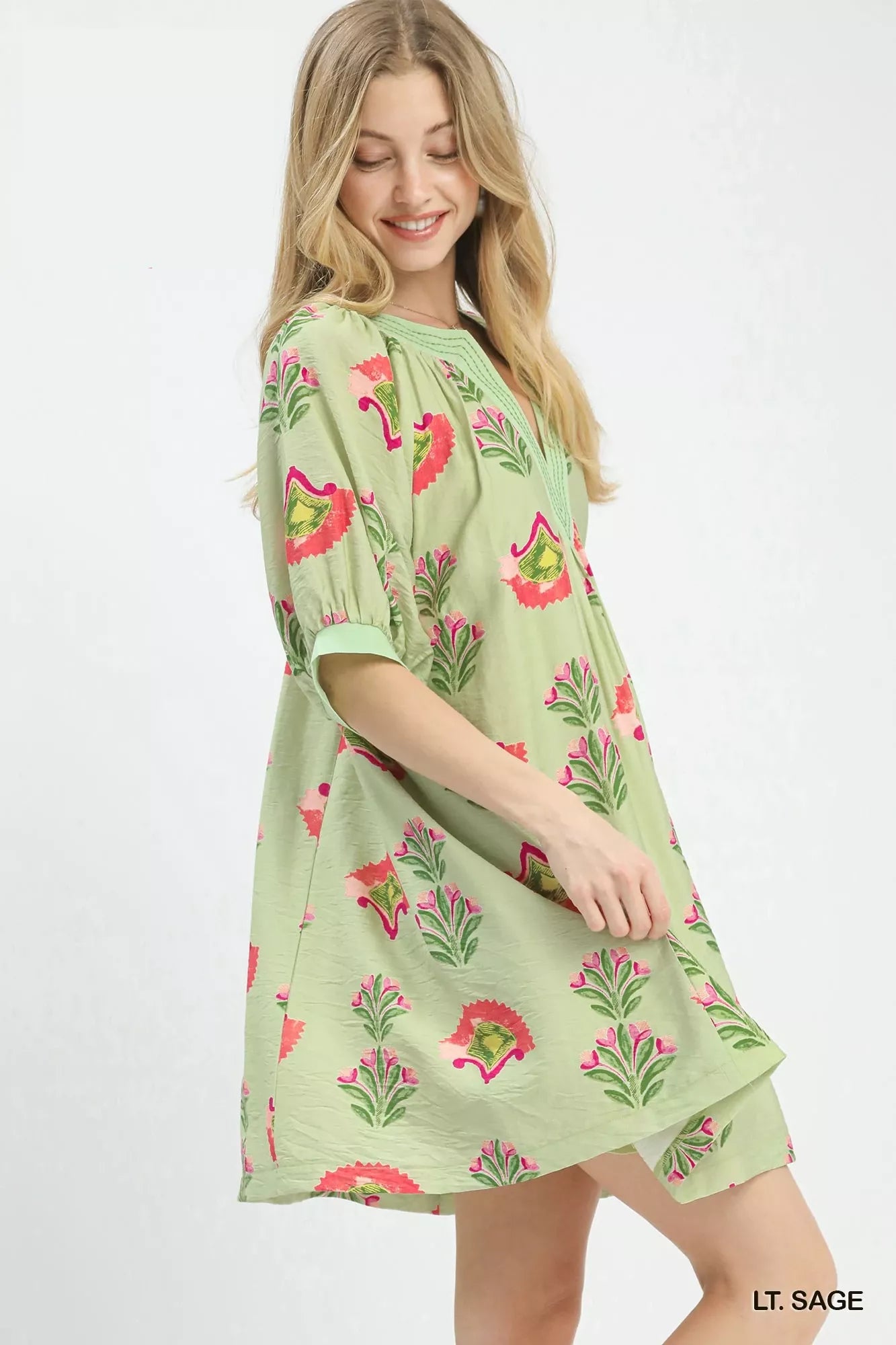 Trendsi Umgee sage abstract print mini dress with short sleeves and relaxed fit, perfect for casual or summer wear.