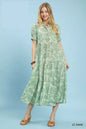 Light sage green Umgee Paisley Print Tiered Midi Dress with flowing fabric and tiered design, perfect for casual or semi-formal wear.