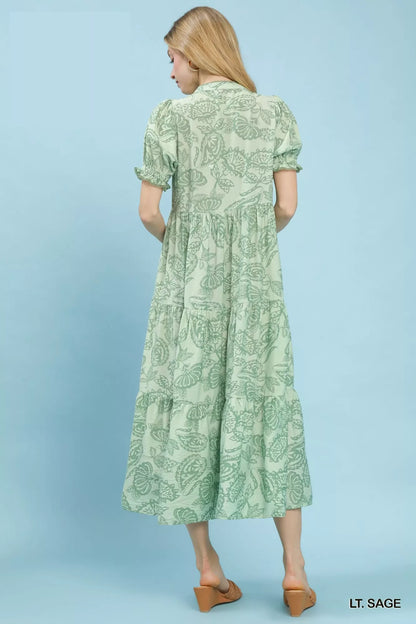 Sage green Umgee paisley print tiered midi dress with flowy layers, long sleeves, and a relaxed boho style.
