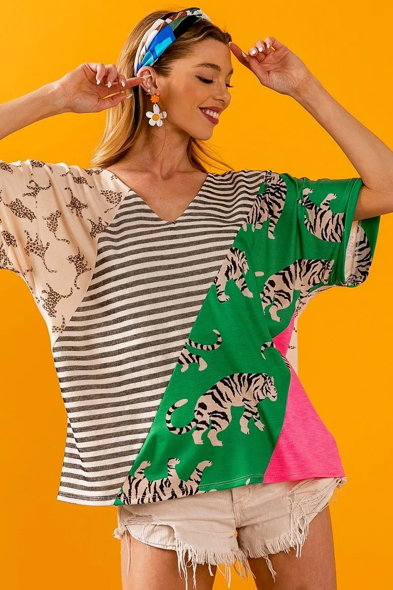 Taupe green BiBi Tiger W stripe contrast color block V-neck top by Trendsi, featuring stylish color blocking and a V-neck design.