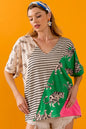 Taupe green V-neck top by Trendsi featuring tiger and stripe contrast color blocking, casual and stylish women's blouse.