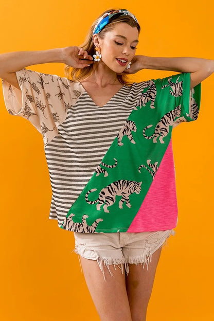 Taupe green BiBi Tiger W stripe contrast color block V-neck top by Trendsi, featuring bold horizontal stripes and a stylish V neckline.