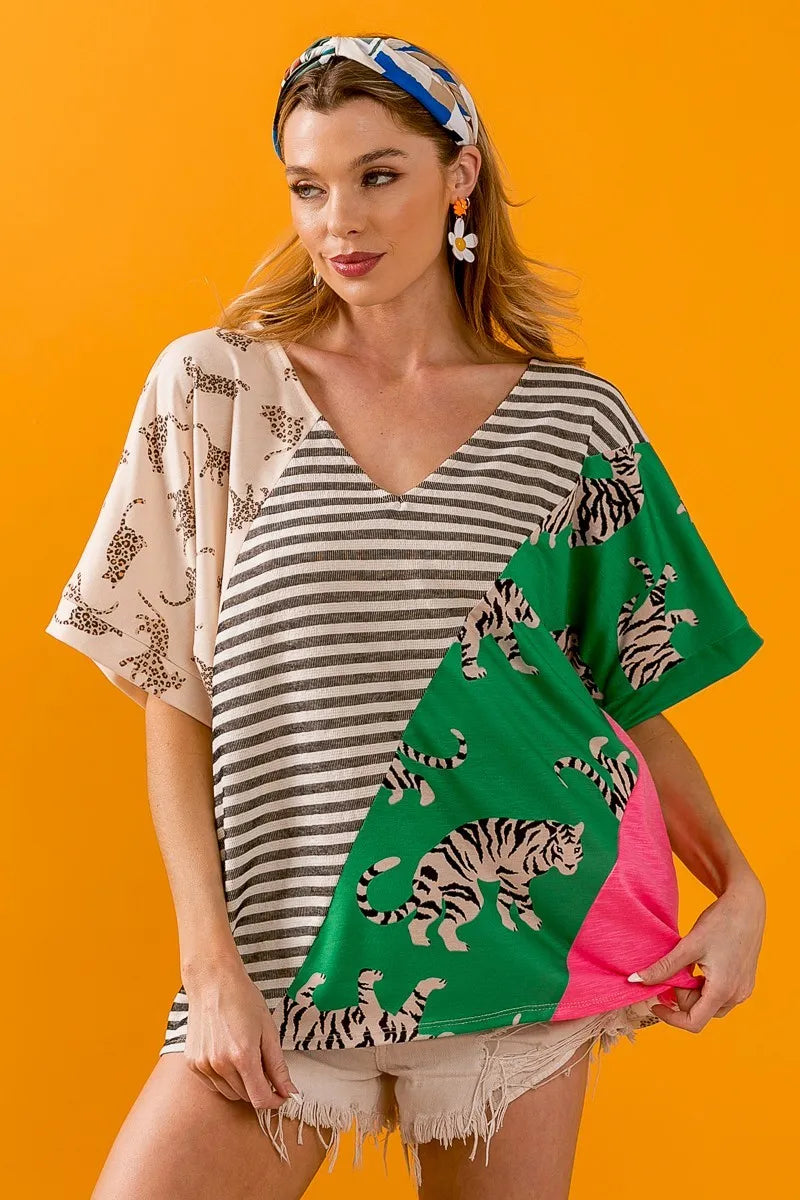 Taupe green BiBi Tiger W stripe contrast color block V-neck top by Trendsi, featuring a stylish design and comfortable fit.