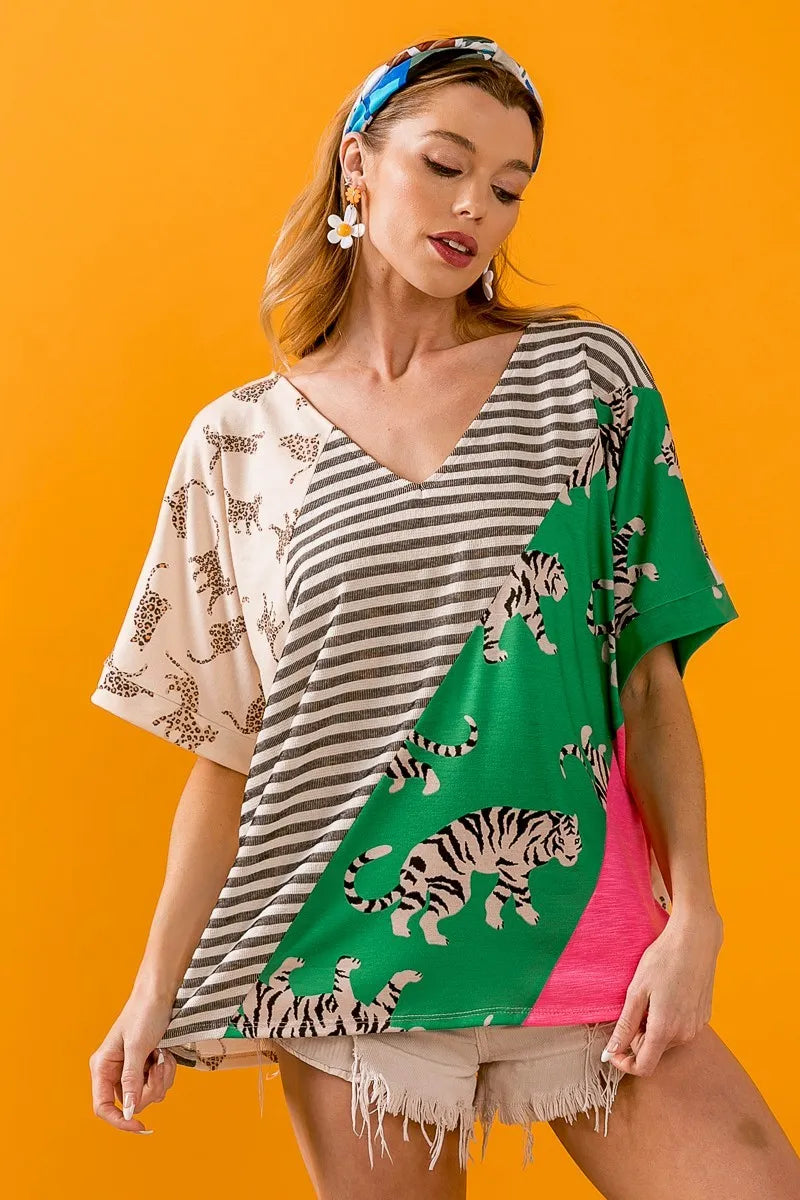 Taupe green BiBi Tiger W stripe contrast color block V-neck top by Trendsi, featuring stylish color blocking and a V-neck design.