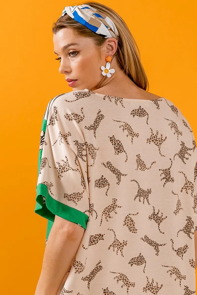 Taupe green Bibi Tiger W stripe contrast color block V-neck top by Trendsi, showcasing a stylish and modern design.