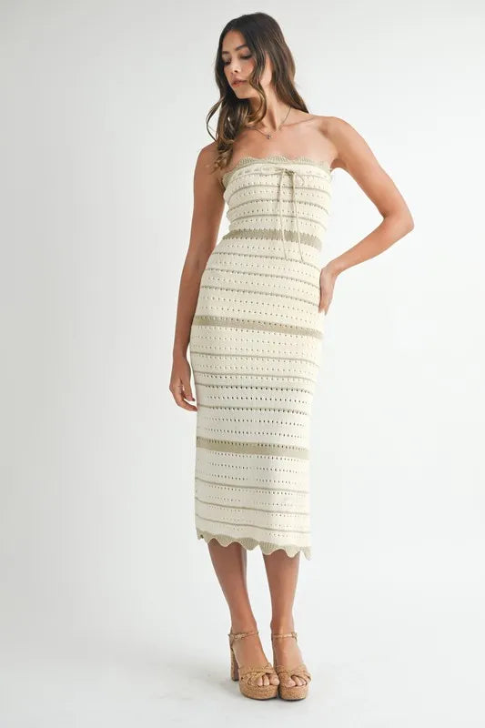 Taupe contrast striped crochet knit midi dress by MABLE, featuring a stylish and comfortable design perfect for casual or dressy occasions.