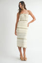 Taupe contrast striped crochet knit midi dress by MABLE, featuring a stylish and comfortable design perfect for casual or dressy occasions.