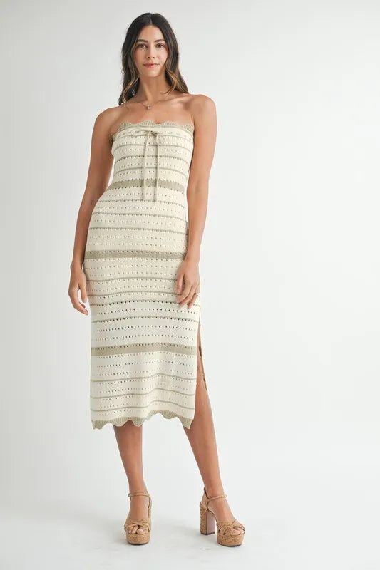 Taupe MABLE contrast striped crochet knit midi dress by Trendsi, showcasing its stylish pattern and fitted silhouette.