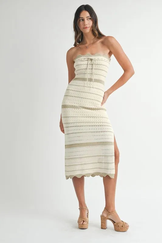 Taupe MABLE contrast striped crochet knit midi dress by Trendsi, featuring a stylish striped pattern and comfortable fit.