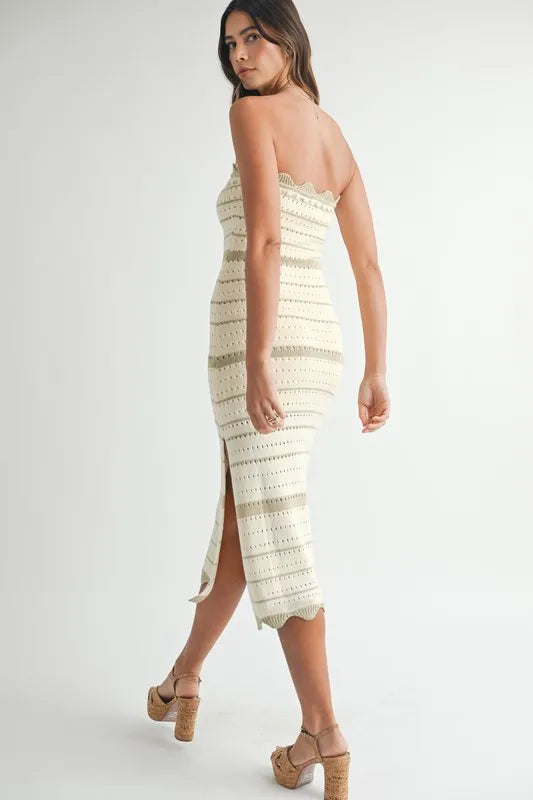 Taupe MABLE contrast striped crochet knit midi dress by Trendsi, showcasing a stylish, fitted design with bold stripe details.