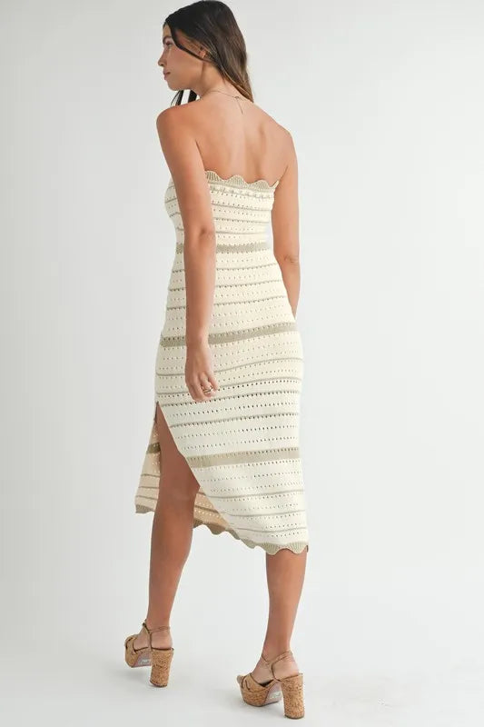Taupe MABLE contrast striped crochet knit midi dress by Trendsi, featuring a stylish striped pattern and elegant midi length.