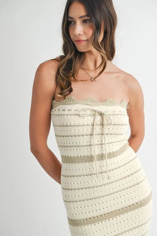 Taupe MABLE contrast striped crochet knit midi dress by Trendsi, showcasing a stylish striped pattern and midi length design.