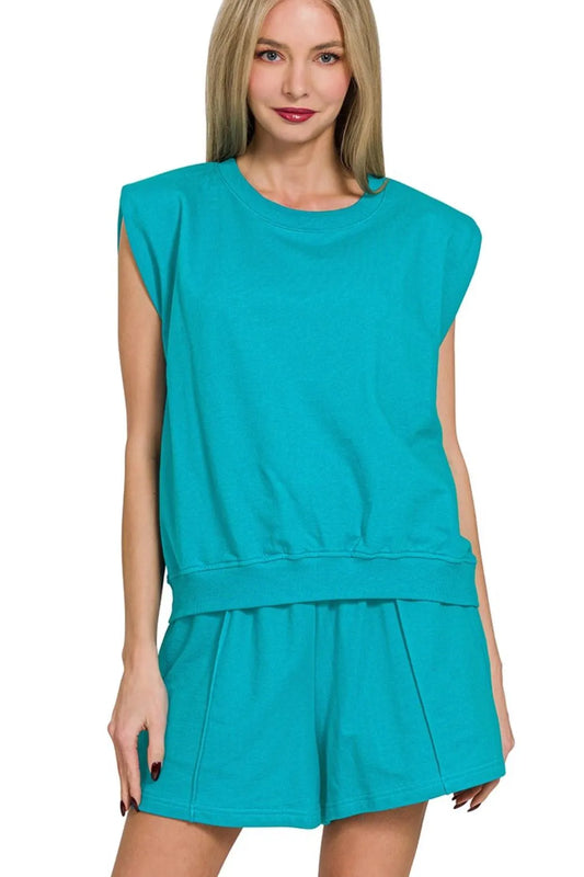 Teal Zenana French Terry sleeveless top and shorts set from Trendsi, casual loungewear with comfortable fabric and relaxed fit.
