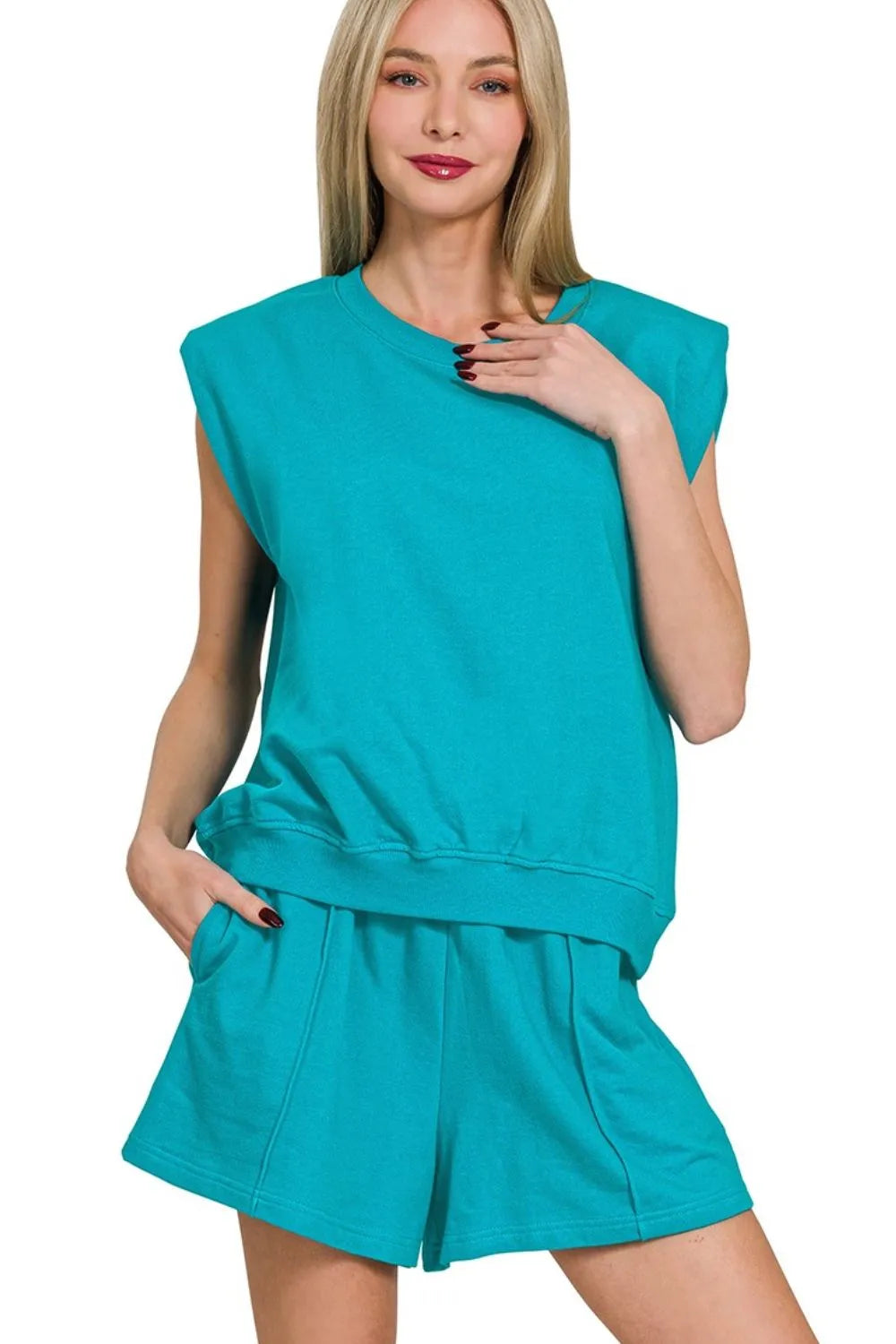 Teal Zenana French Terry sleeveless top and matching shorts set, casual loungewear from Trendsi, shown on a model.
