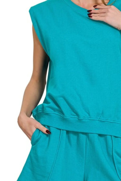 Teal Zenana French Terry sleeveless top and shorts set by Trendsi, casual loungewear with comfortable fit and relaxed style.