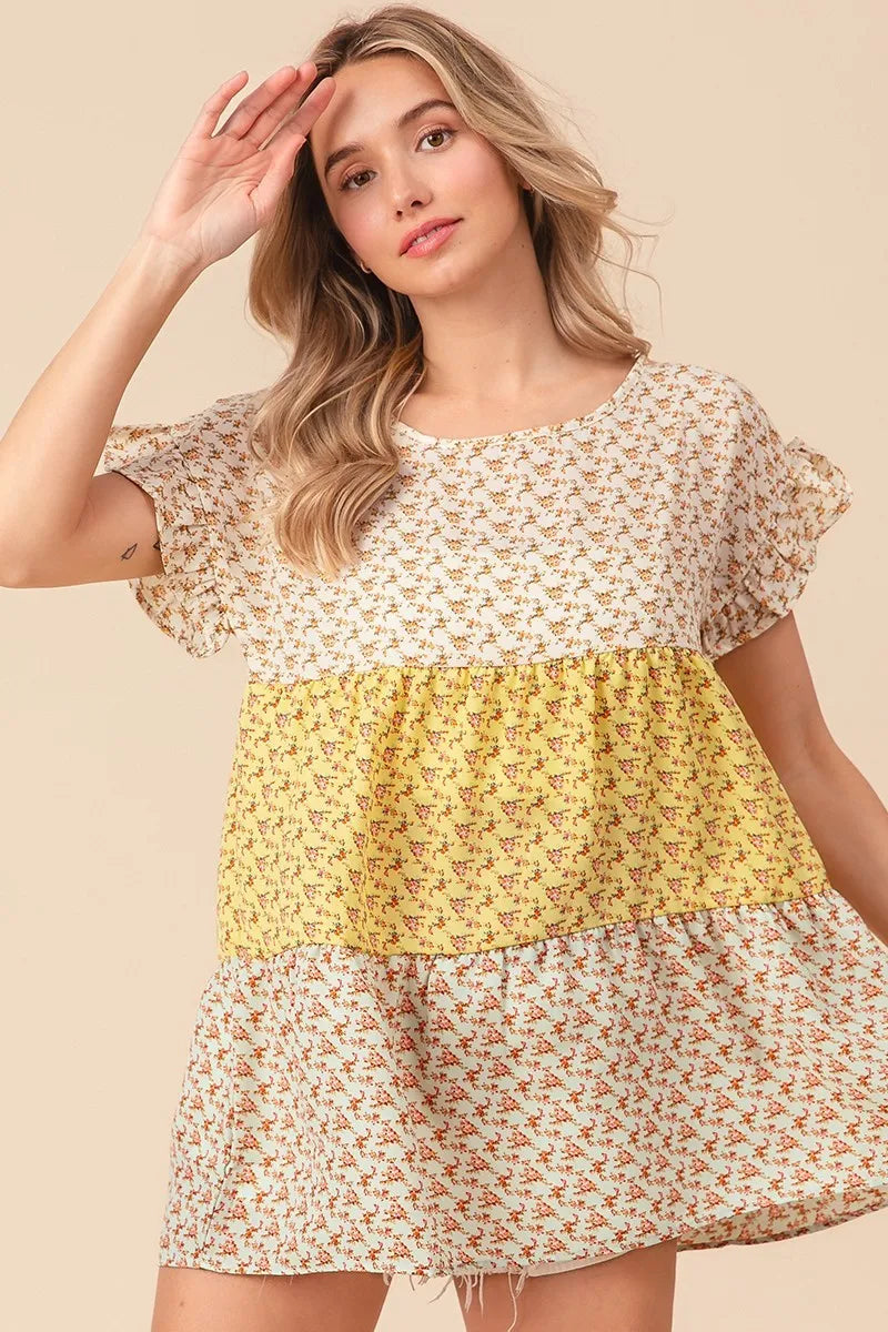 Trendi BiBi floral printed woven color block and tiered top in yellow and sage, stylish women's blouse with layered design