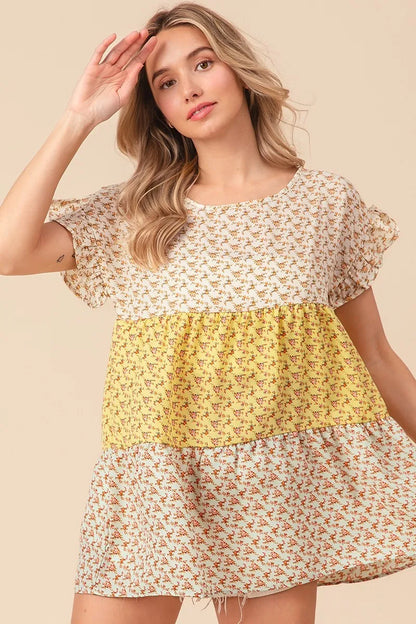 Trendi BiBi floral printed woven color block and tiered top in yellow and sage, stylish women's blouse with layered design