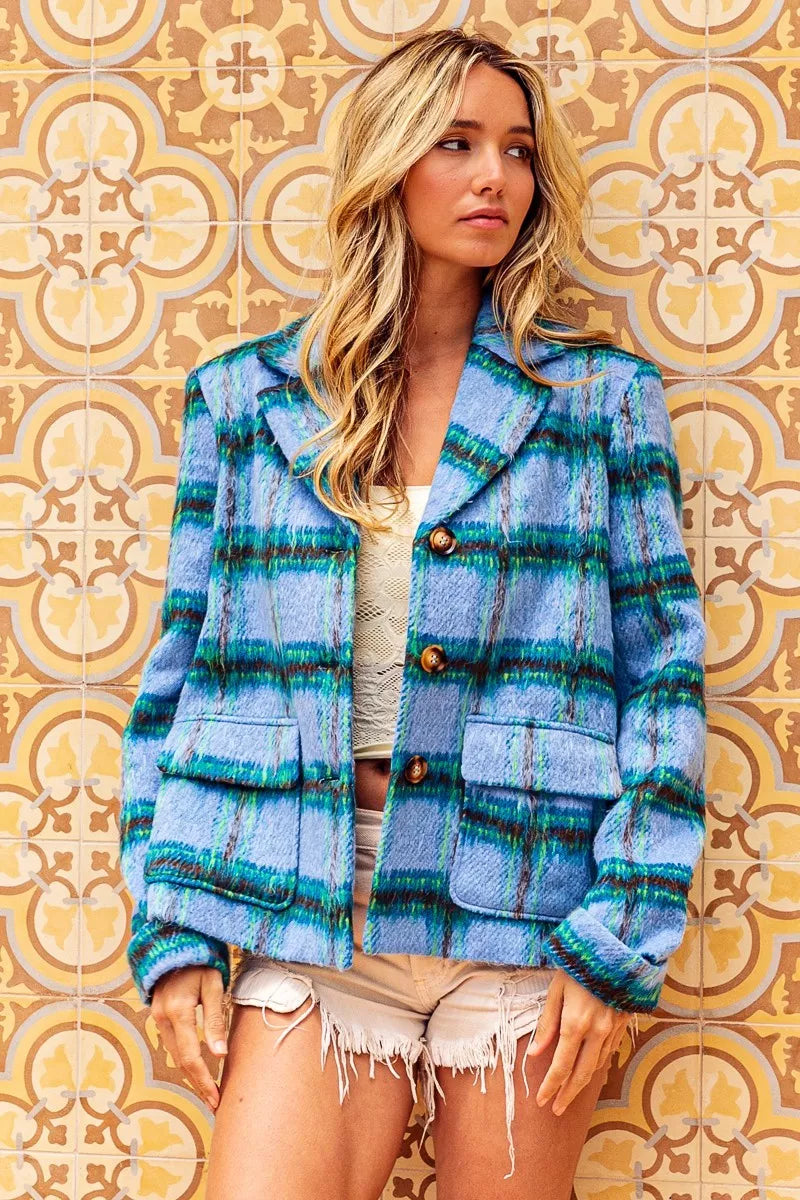 Trendi BiBi brushed vintage plaid jacket with flap pockets in blue and multi-color, casual stylish outerwear for women.