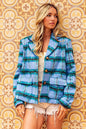 Trendi BiBi brushed vintage plaid jacket with flap pockets in blue and multi-color, casual stylish outerwear for women.