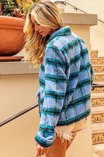 Trendsi BiBi vintage plaid brushed jacket with flap pockets, stylish and cozy outerwear in a multi-color pattern.