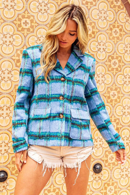 Trendi BiBi brushed vintage plaid jacket with flap pockets, featuring a stylish multi-color blue design and classic button closure.