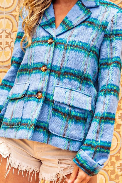Trendsi BiBi brushed vintage plaid jacket with flap pockets, stylish and cozy for casual wear, featuring a classic plaid pattern.