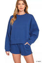 Navy Zenana fleece sweatshirt and shorts set with round neck, casual loungewear from Trendsi, shown on a model.