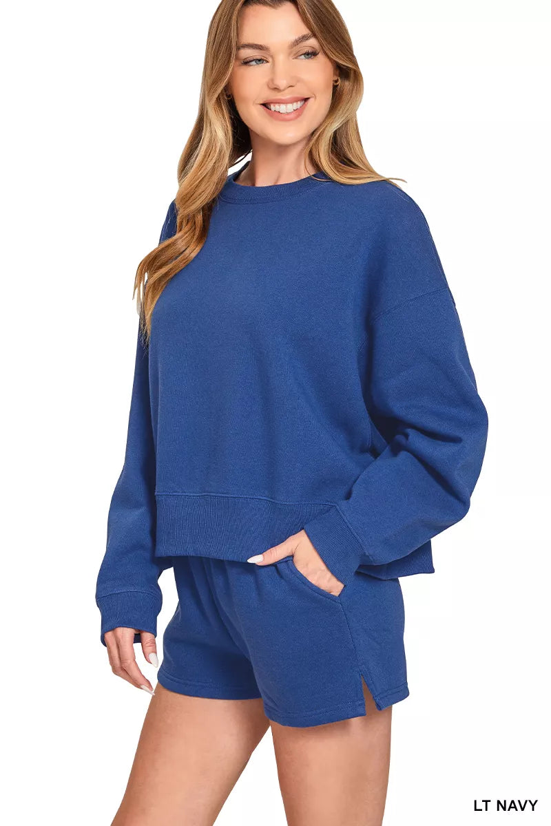 Navy Zenana fleece sweatshirt and shorts set by Trendsi, featuring a round neck and cozy casual style.
