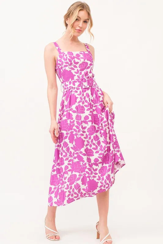 Magenta floral printed midi dress with square neckline and belt, from Trendsi, featuring a stylish and feminine design.