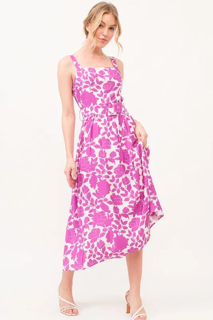 Magenta floral printed midi dress with square neckline and belt, from Trendsi, featuring a stylish and feminine design.