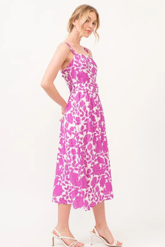 Magenta floral printed midi dress with square neckline and belted waist by Trendsi, featuring a stylish and feminine design.