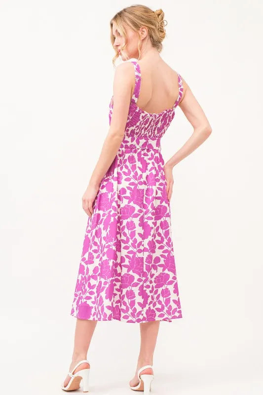 Magenta floral printed midi dress with square neckline and belt from Trendsi, perfect for stylish summer or spring wear.
