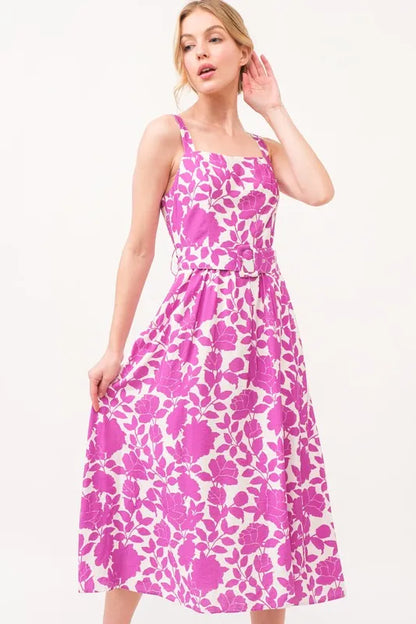 Magenta floral printed midi dress with square neckline and belt from Trendsi, perfect for stylish spring or summer wear.