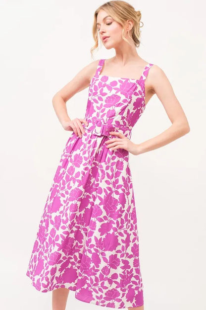 Magenta floral printed midi dress with square neckline and belt by Trendsi, showcasing the elegant design and vibrant pattern.