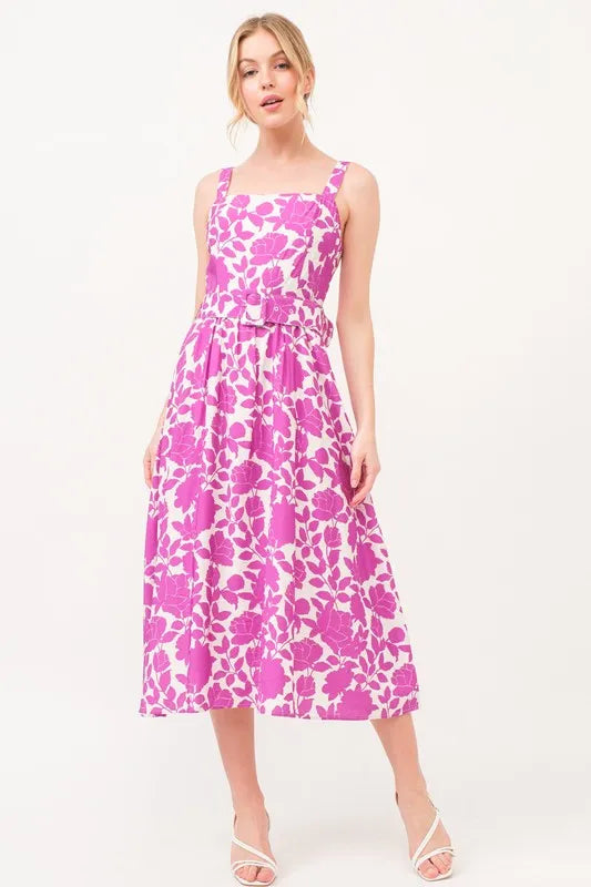 Magenta floral printed midi dress with square neckline and belt from Trendsi, perfect for stylish summer occasions.