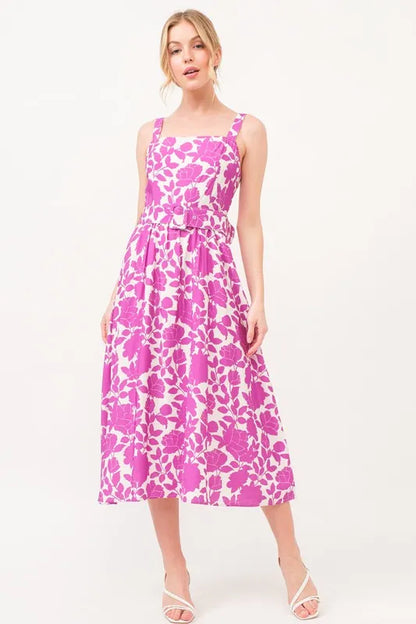 Magenta floral printed midi dress with square neckline and belt from Trendsi, perfect for stylish summer occasions.