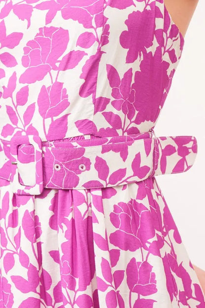 Magenta floral printed midi dress with square neckline and belted waist by Trendsi, perfect for summer or casual occasions.