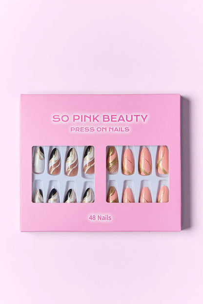Trendsi SO Pink Beauty press on nails with marbled design, two packs of one-size false nail sets on a white background.