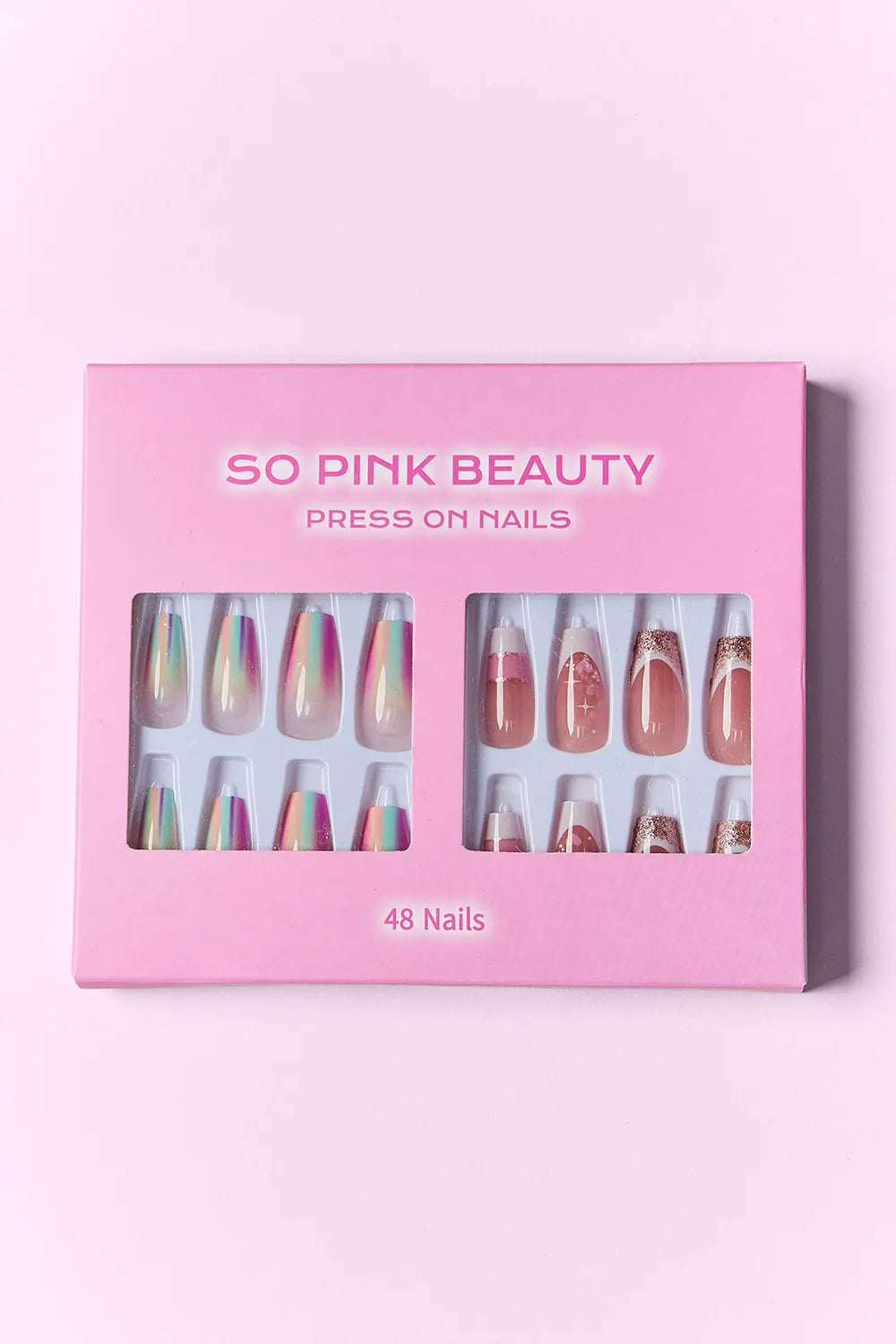 Trendsi SO Pink Beauty press on nails with marbled design, two packs of stylish, easy-to-apply artificial nails.